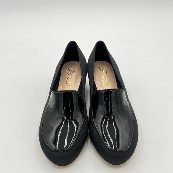 FOWT Classic Black or Two Toned Side V Cut Loafers Ladies Round Toe Mid Chunk - Picture 2 of 7